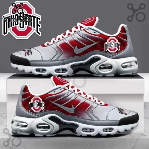 Ohio State Buckeyes Red and Silver Air Max Plus sneakers featuring team logos on a gradient upper sitting on a white box.