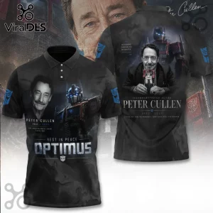 Peter Cullen Optimus Prime Black Tribute Polo Shirt featuring a portrait of Peter Cullen, Optimus Prime, and text.