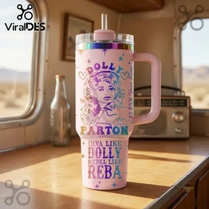 Dolly Parton Diva Rebel Personalized Stanley Tumbler in light pink with iridescent portrait and country music text design.