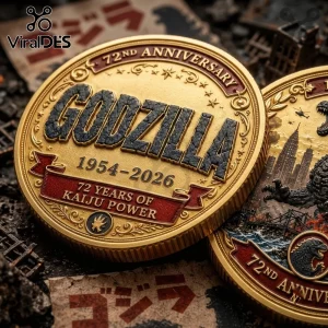 Godzilla 72nd Anniversary 1954-2026 coin featuring a gold-toned metallic finish, embossed lettering, and red ribbon accents.