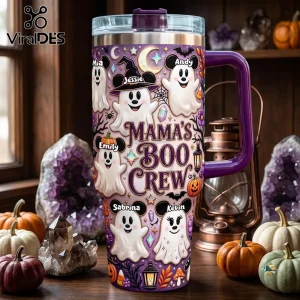 Personalized Mama’s Boo Crew Halloween Ghost 40oz Tumbler with cartoon ghosts, pumpkins, and custom family names in purple.