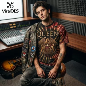 Queen The Show Must Go On tie dye t-shirt featuring a vintage band crest print, worn by a man in a recording studio.
