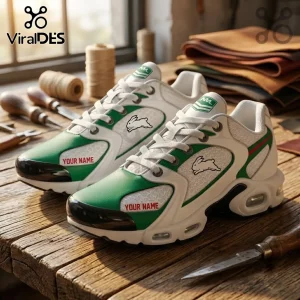 South Sydney Rabbitohs Green White Air Max Plus sneakers featuring custom rabbit logos on a textured wood workbench.