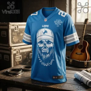 Detroit Lions Luke Combs 2027 Tour blue football jersey featuring a graphic of a bearded skull wearing a baseball cap.