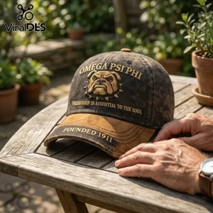 Omega Psi Phi 1911 Bulldog distressed baseball cap in black and tan featuring an embroidered bulldog and fraternity text.