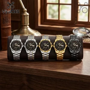 Predator 40th Anniversary Two-Tone Luxury Quartz Watch collection featuring five distinct metal finishes on a leather stand.
