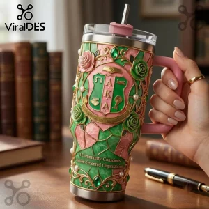 AKA Alpha Kappa Alpha Stained Glass Stanley Tumbler featuring pink and green floral patterns with pearl accents.