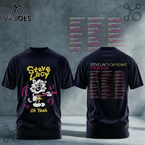 Steve Lacy Oh Yeah 2026 Concert Tour Hoodie with cartoon cat graphic on front and black tour date list on the back.