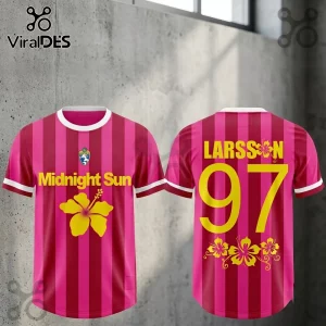 Zara Larsson Midnight Sun 2026 pink football jersey with vertical stripes, yellow hibiscus graphics, and number 97 print.