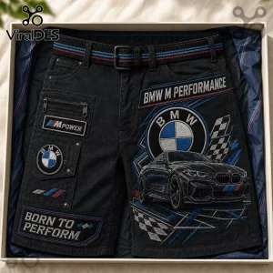 BMW M Performance Black Cargo Shorts featuring M Power logos, a car graphic, and checkerboard patterns in a gift box.