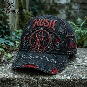 Rush 1968 Starman Black Distressed Baseball Cap featuring a red pentagram logo, embroidered band text, and frayed fabric.