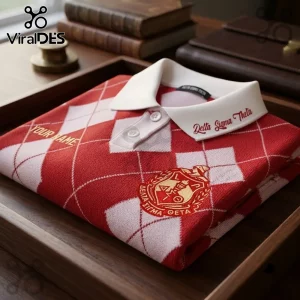 Delta Sigma Theta Argyle Custom Polo Shirt featuring red and white diamond patterns with an embroidered sorority crest.