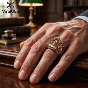 Tim Curry Pennywise Tribute Engraved Gold Ring featuring a portrait, red accent stones, and horror-themed side detailing.