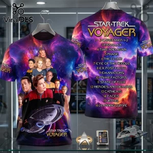 Star Trek Voyager Season 1 Episode Guide T-Shirt featuring character portraits and a full episode list on a nebula background.