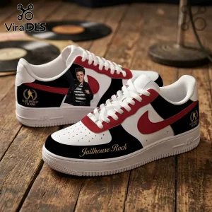 Elvis Presley Jailhouse Rock Air Force 1 Sneakers featuring a portrait, red swooshes, and custom text on a wood background.
