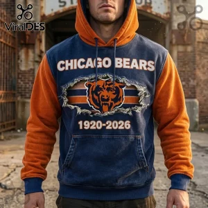Chicago Bears 1920-2026 Navy Blue Hoodie with distressed bear graphic, orange sleeves, and a matching orange hood.