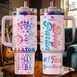 Dolly Parton Diva Rebel Personalized Stanley Tumbler with pink finish, stars, heart icons, and country music graphics.