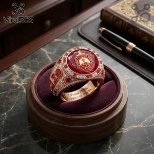 Delta Sigma Theta Gold Ruby Engraved Ring featuring a large red center stone, surrounding diamonds, and side greek letters.