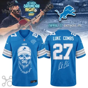 Detroit Lions Luke Combs 2027 Tour blue football jersey featuring a skull graphic, player name, and number 27 on back.