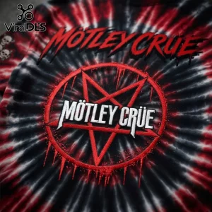 Motley Crue Tie Dye Pentagram T-Shirt 2026 featuring a red and black circular pentagram graphic on a spiral tie dye fabric.