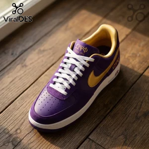 Omega Psi Phi Purple Suede Air Force 1 Sneakers featuring gold swoosh, white laces, and greek letters on a wooden floor.
