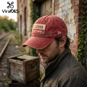 MLB St. Louis Cardinals Distressed Red Baseball Cap with a vintage rectangular logo patch on a man outdoors.