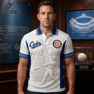 Chicago Cubs 150th Anniversary White Polo Shirt featuring a 3D baseball player graphic, blue collar, and team logos.