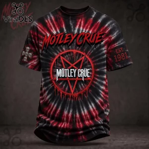 Motley Crue Tie Dye Pentagram T-Shirt 2026 featuring red and black swirl pattern, band logo, and pentagram graphic print.