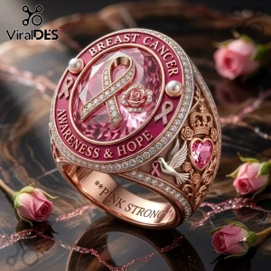 Breast Cancer Awareness Pink Crystal Ribbon Rose Ring featuring a central pink gem, rose, dove, and heart engravings.