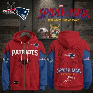 New England Patriots x Spider-Man Brand New Day hoodie featuring red and blue web patterns with team and superhero logos.