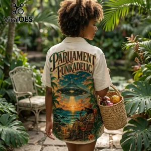 Parliament Funkadelic Beige Hawaiian Shirt featuring a back print of a ufo above a sunset beach scene and tropical foliage.