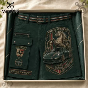 Porsche Motorsport Embossed Cargo Casual Shorts in dark green featuring a racing car graphic, horse crest, and side pockets.