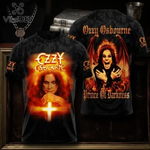 Ozzy Osbourne Prince of Darkness Black Shirt 2026 featuring fiery graphic prints of Ozzy with a glowing cross and wings.