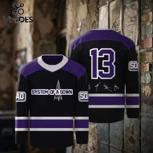 System of a Down Signature Edition Hockey Jersey in black and purple with number 13 and band logo graphics.