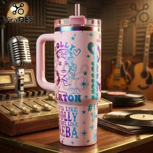 Dolly Parton Diva Rebel Personalized Stanley Tumbler in pink with music-themed graphics on a recording studio desk.