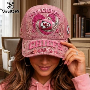 Kansas City Chiefs Breast Cancer Awareness embroidered cap in pink featuring a football heart graphic and floral details.