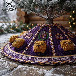 Omega Psi Phi Purple Bulldog Christmas Tree Skirt with 3D crocheted dog heads, Greek crests, and embroidered fraternity text.