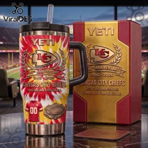 Kansas City Chiefs Tie-Dye 66th Anniversary Stanley Tumbler with red, yellow, and white pattern and team branding.