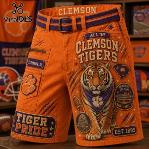 Clemson Tigers Orange Casual Shorts featuring a central tiger graphic, embroidered team text, and Death Valley stadium icons.