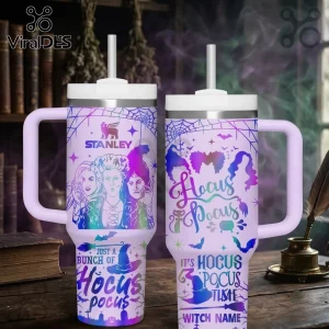 Hocus Pocus Sanderson Sisters personalized 40oz Stanley tumbler featuring a gradient purple design, spiderwebs, and movie icons.