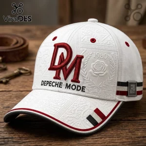 Depeche Mode 1980 Embroidered Baseball Cap in white with dark red DM logo and embossed rose patterns on the fabric.