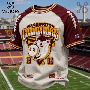 Washington Commanders Mascot Embossed Shirt with burgundy sleeves and hog cartoon graphic featuring 1932 on gray fabric.