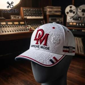 Depeche Mode 1980 Embroidered Baseball Cap in white featuring red DM logo, rose emblem, and decorative side stripes.