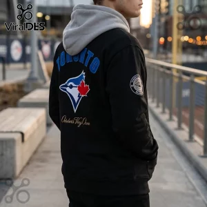 Toronto Blue Jays x OVO Black Two-Tone Hoodie featuring a grey hood, blue text, and team bird logo on the back.