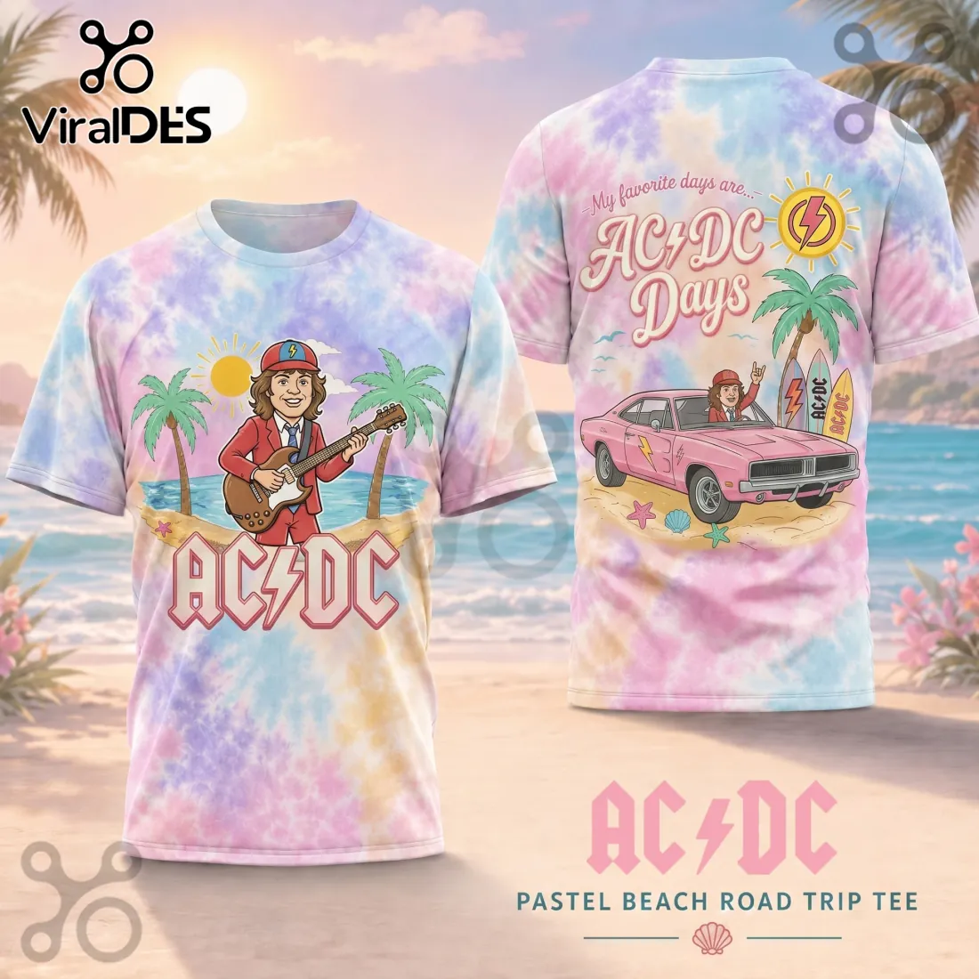 AC/DC Pastel Beach Road Trip Tee Shirt AC/DC Pastel Beach Road Trip Tee Shirt