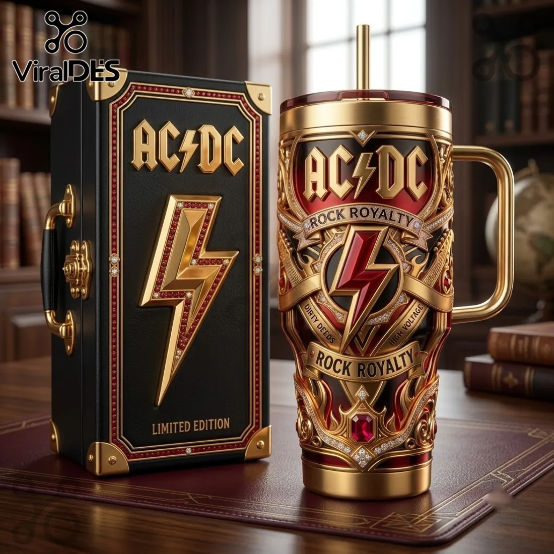 AC/DC Rock Royalty Gold Embossed Stanley Tumbler AC/DC Rock Royalty Gold Embossed Stanley Tumbler