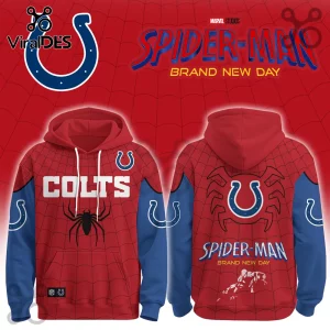 Indianapolis Colts x Spider-Man Brand New Day hoodie featuring blue and red spider-web pattern with team and hero logos.