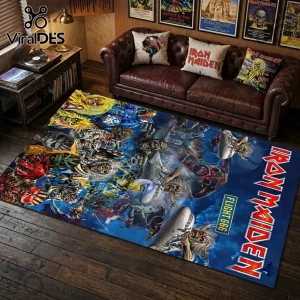 Iron Maiden Flight 666 Eddie Montage Rectangular Rug featuring detailed zombie characters and aircraft on a blue background.