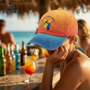 Tropical Parrot Margarita Embroidered Baseball Cap featuring a colorful parrot with a cocktail on an orange-blue cap.