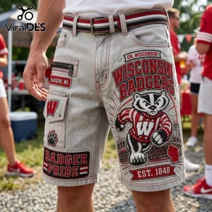 Wisconsin Badgers embroidered cargo shorts featuring mascot graphics, red and white team colors, and denim material.